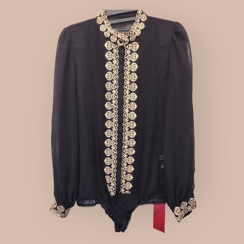 NEW Semi Sheer Pin-tucked Black Lace Bodysuit Top with Gold Embroidery MEDIUM